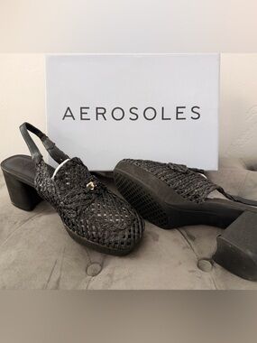 Aerosoles Santiago Raffia Black Woven Slingback Flats